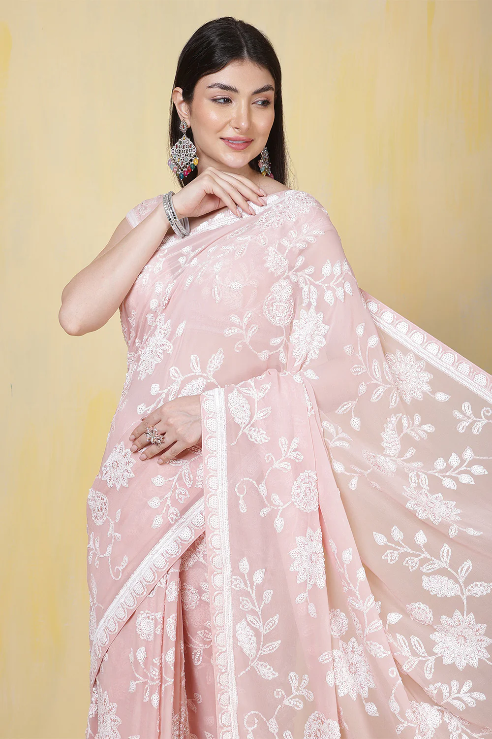 Dusty Pink Georgette Sequins Embroidered Saree - Image 6