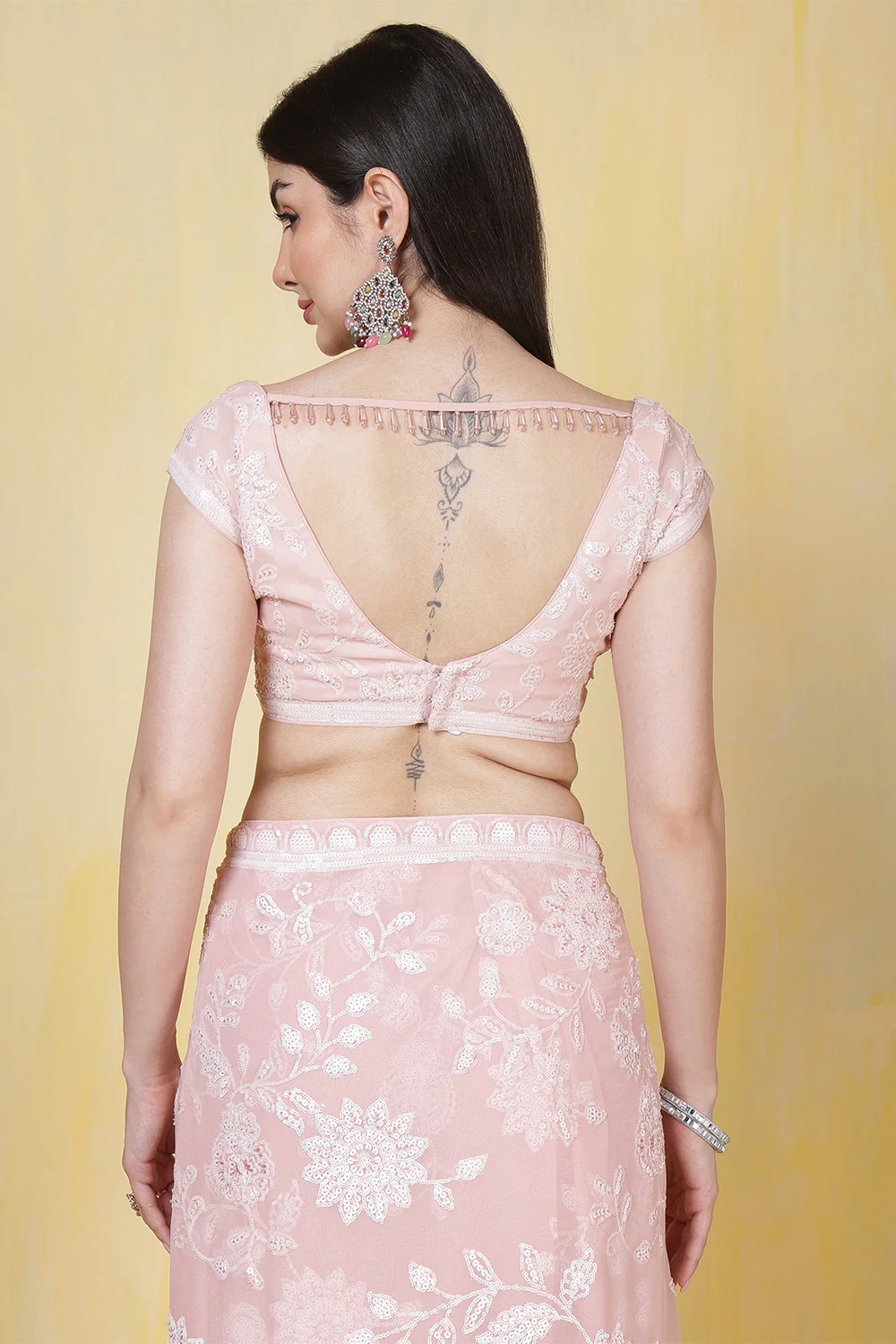 Dusty Pink Georgette Sequins Embroidered Saree - Image 8