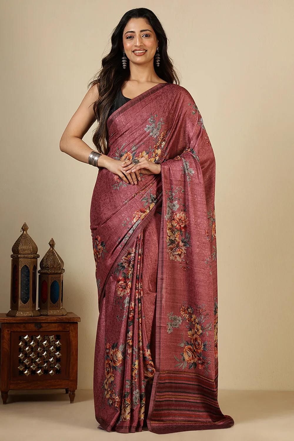 Dusty Pink Jacquard Silk Printed Saree - Image 4