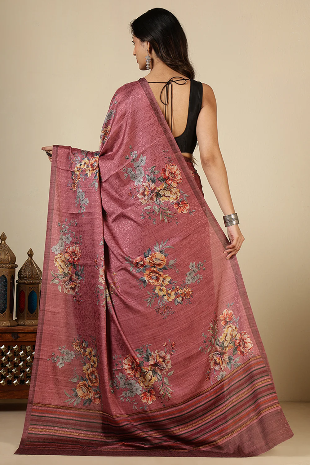 Dusty Pink Jacquard Silk Printed Saree - Image 5