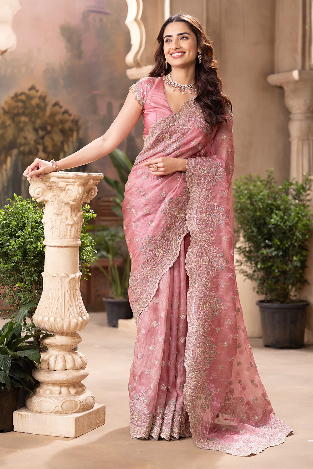 Dusty Pink Metallic Tissue Embroidered Saree - Image 6