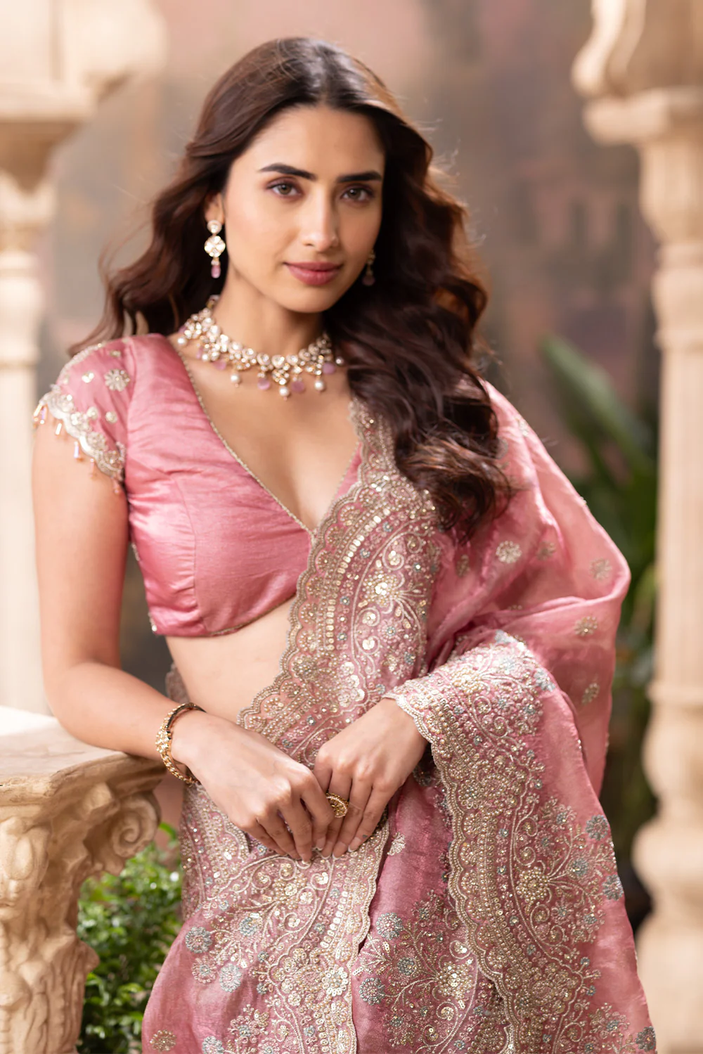 Dusty Pink Metallic Tissue Embroidered Saree - Image 7