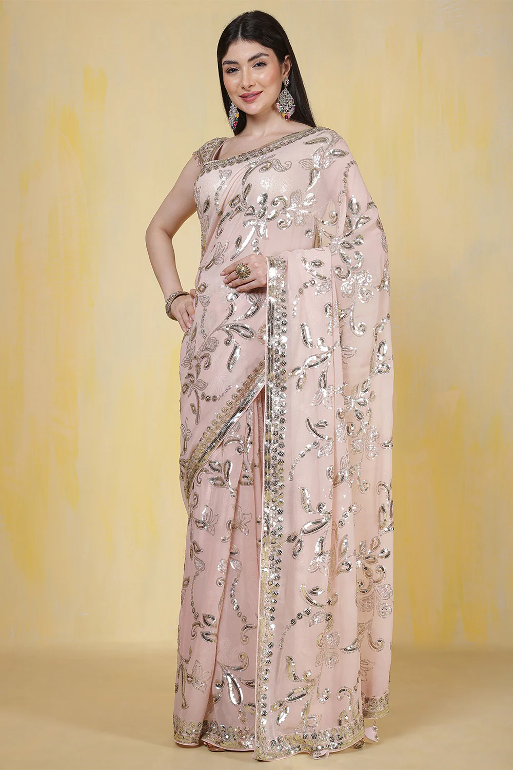 Dusty Pink Sequins Embroidered Georgette Saree - Image 2