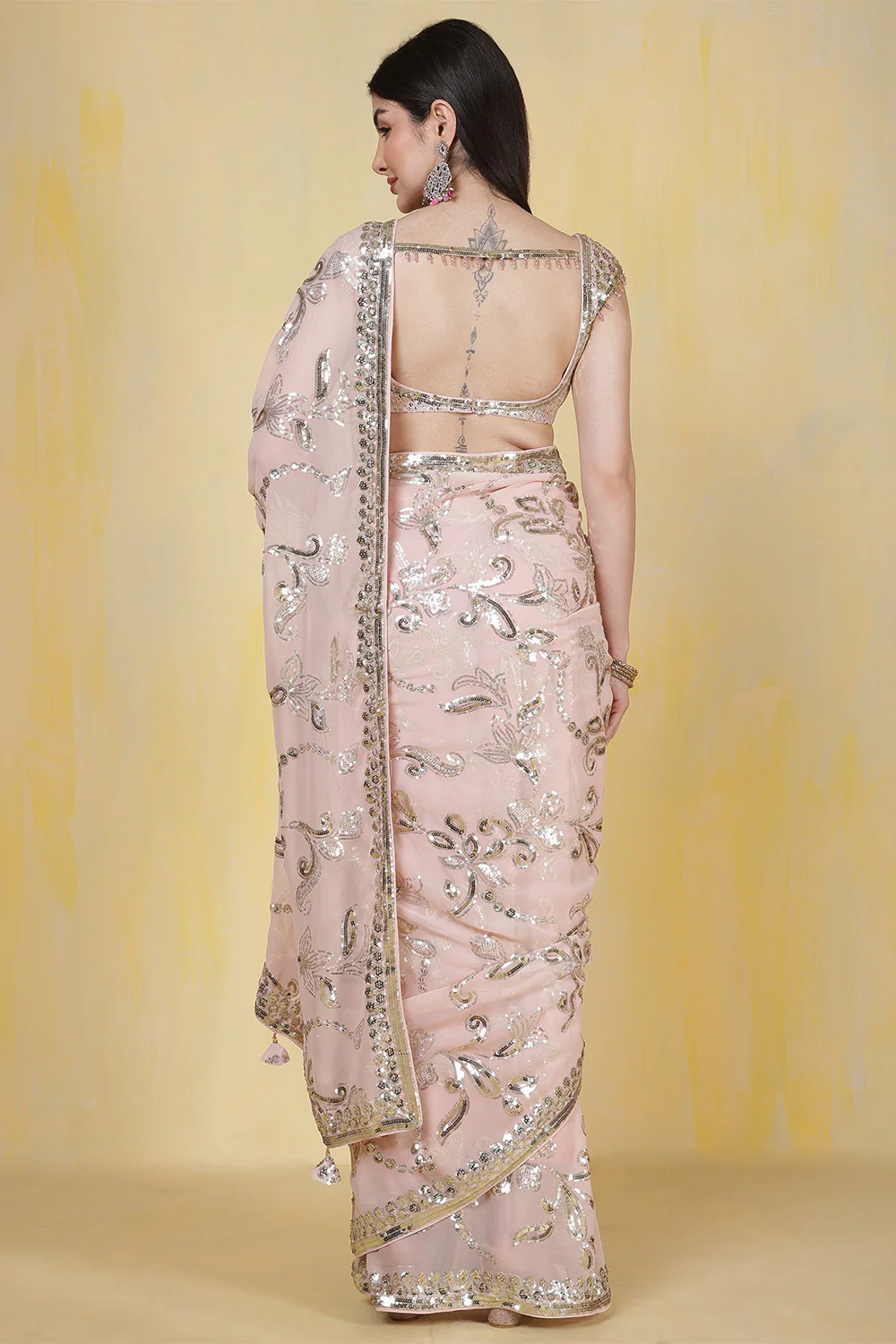 Dusty Pink Sequins Embroidered Georgette Saree - Image 3