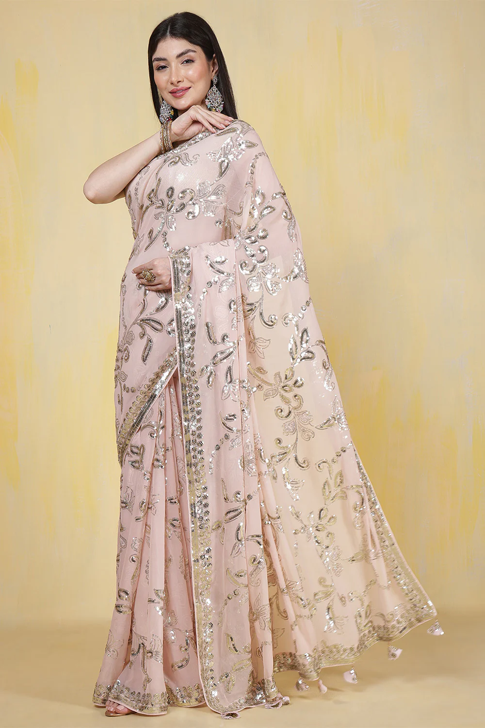 Dusty Pink Sequins Embroidered Georgette Saree - Image 4
