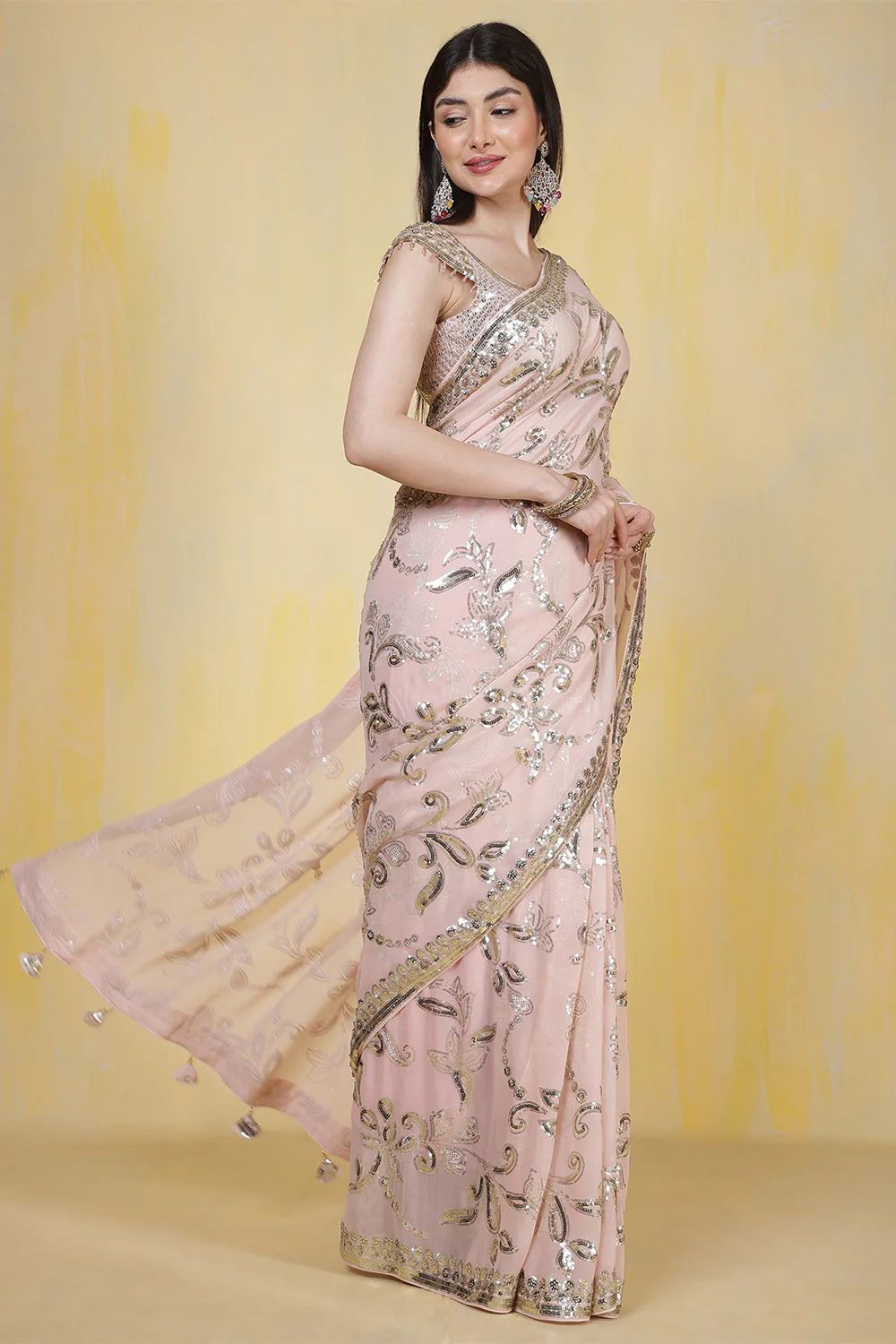 Dusty Pink Sequins Embroidered Georgette Saree - Image 5