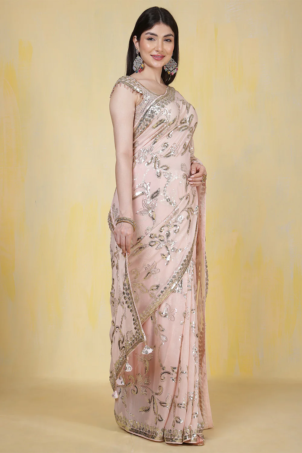 Dusty Pink Sequins Embroidered Georgette Saree - Image 6