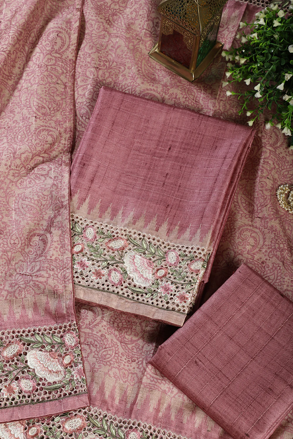Dusty Pink Tussar Cotton Floral Lace Work Unstiched Suit Material - Image 3