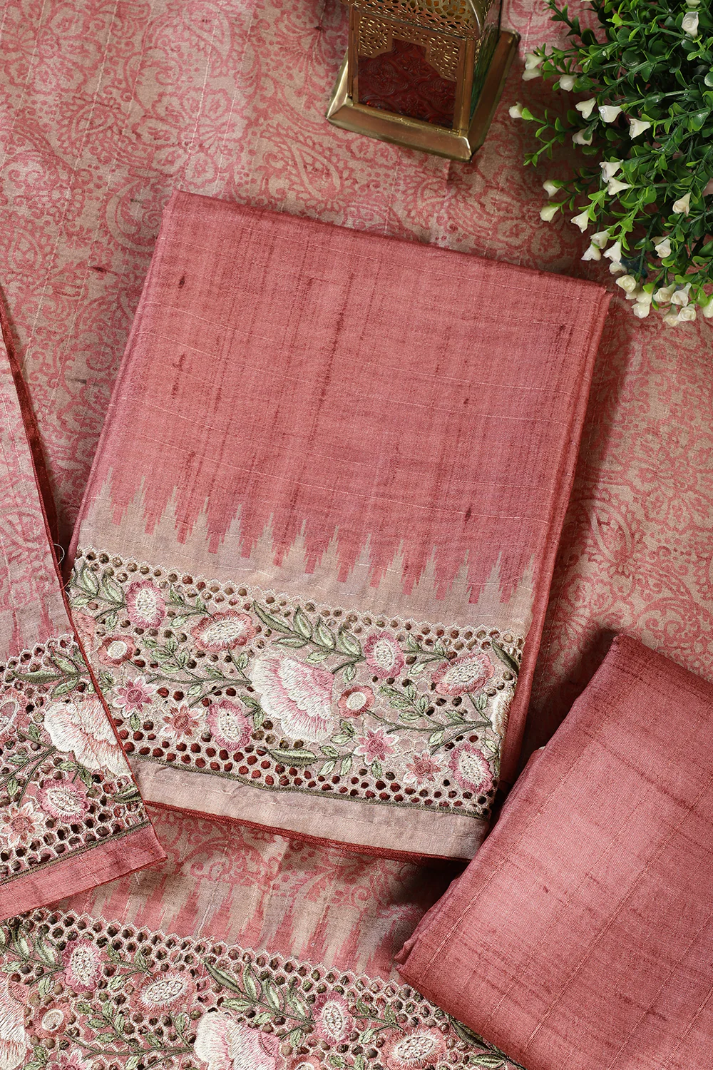 Dusty Rose Tussar Cotton Floral Lace Work Unstiched Suit Material - Image 2