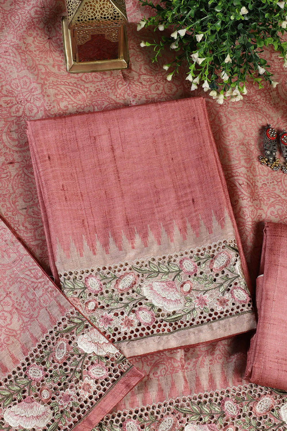 Dusty Rose Tussar Cotton Floral Lace Work Unstiched Suit Material - Image 3
