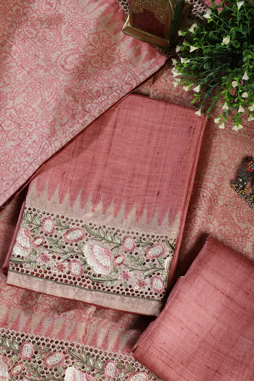 Dusty Rose Tussar Cotton Floral Lace Work Unstiched Suit Material - Image 4