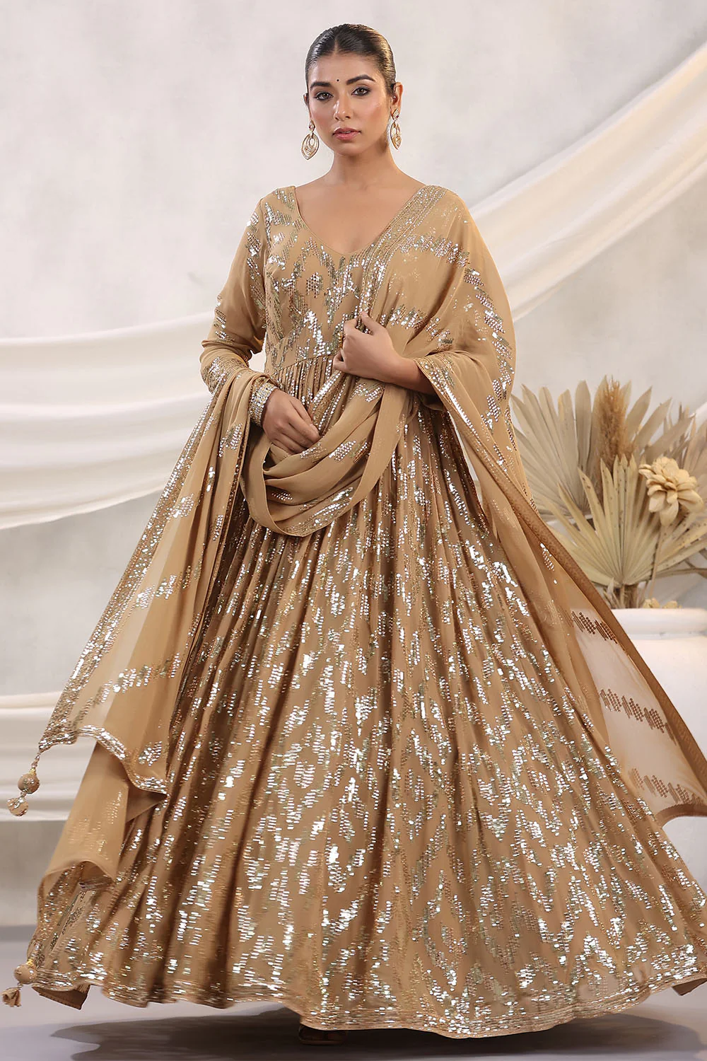 Fawn Color Georgette Sequins Embroidered Floor Length Anarkali Gown with Dupatta - Image 3