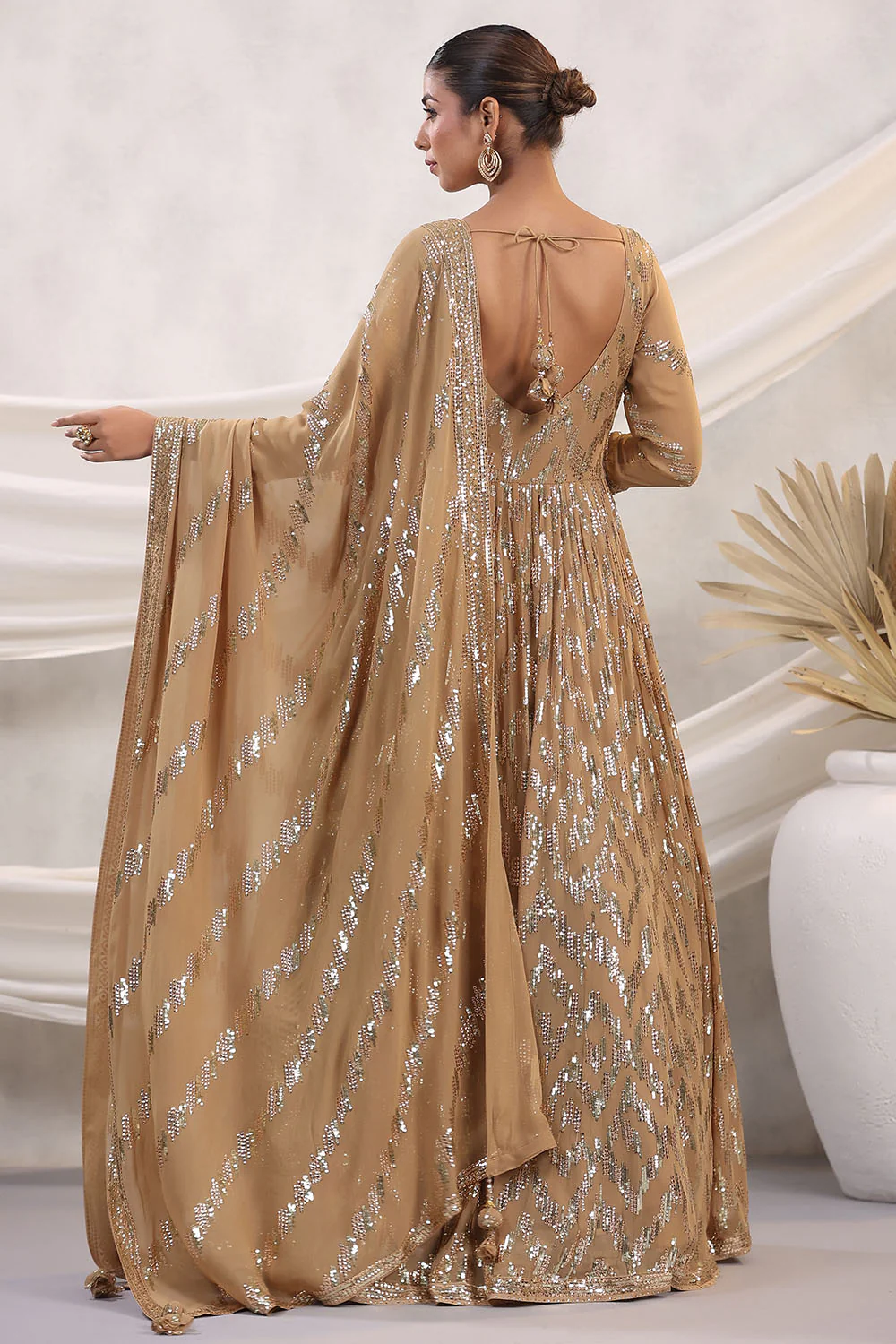 Fawn Color Georgette Sequins Embroidered Floor Length Anarkali Gown with Dupatta - Image 4