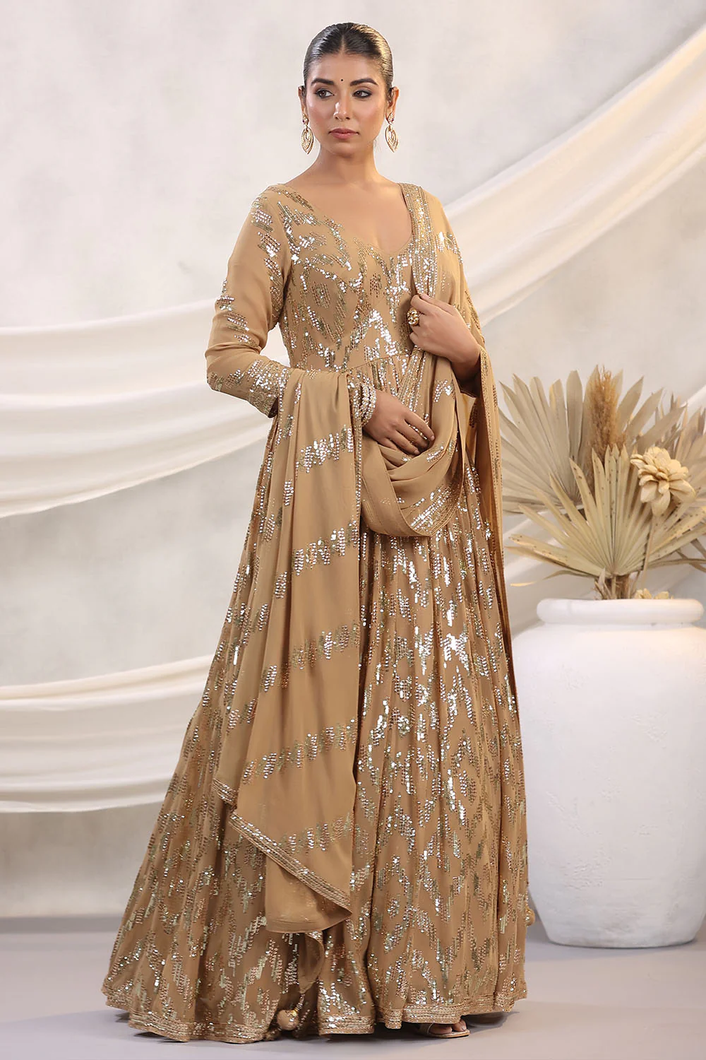 Fawn Color Georgette Sequins Embroidered Floor Length Anarkali Gown with Dupatta - Image 5