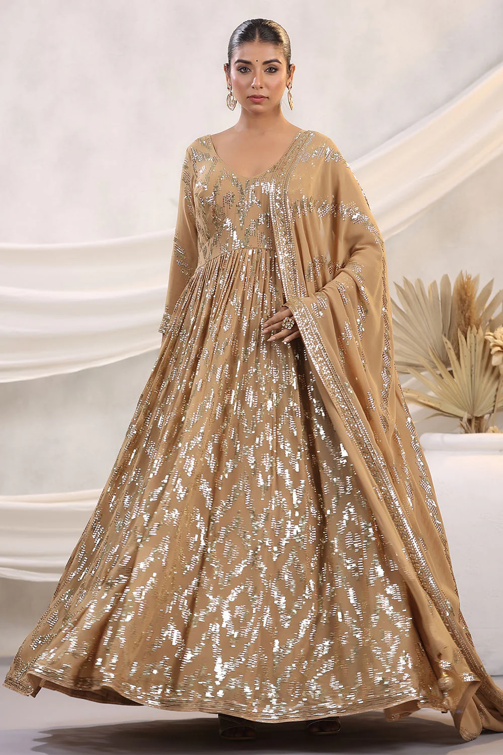 Fawn Color Georgette Sequins Embroidered Floor Length Anarkali Gown with Dupatta - Image 6