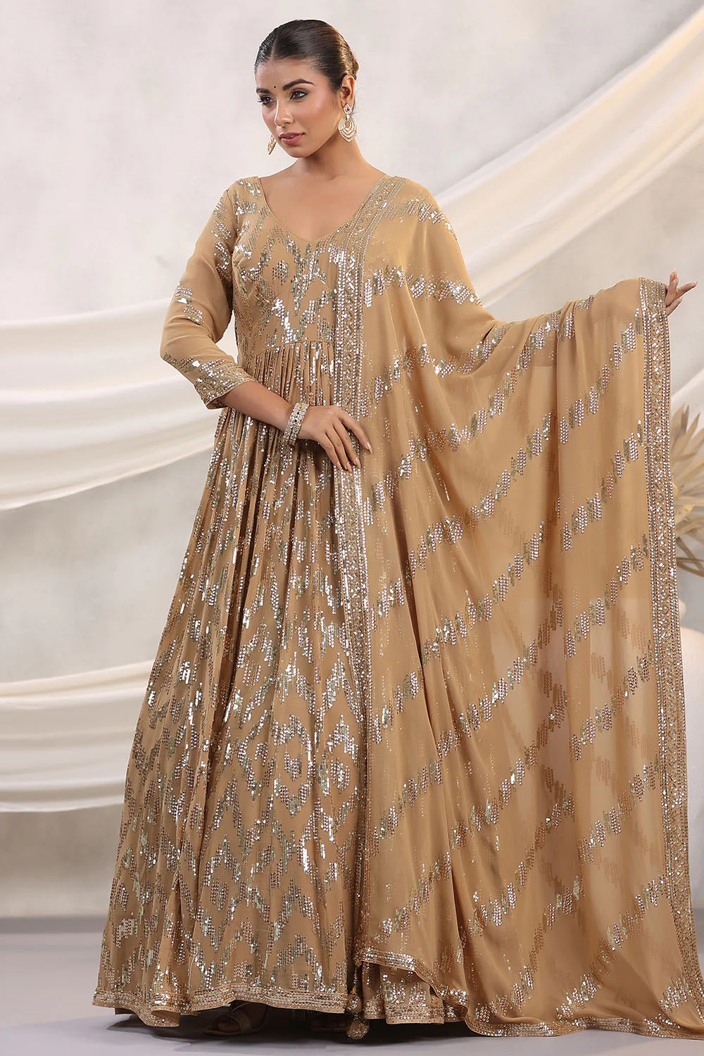 Fawn Color Georgette Sequins Embroidered Floor Length Anarkali Gown with Dupatta - Image 7