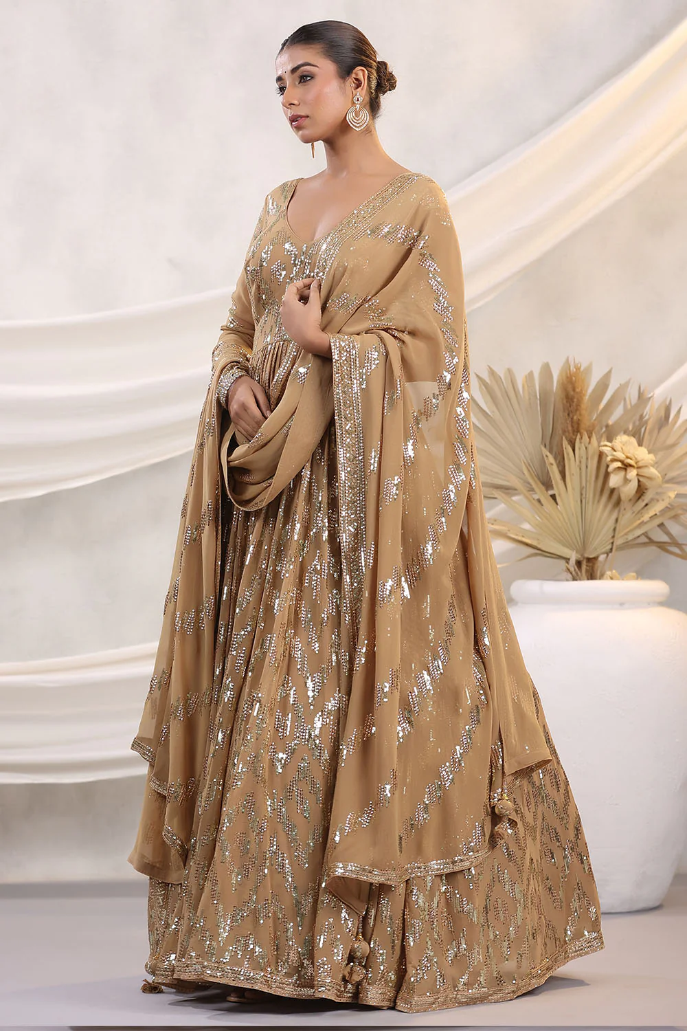 Fawn Color Georgette Sequins Embroidered Floor Length Anarkali Gown with Dupatta - Image 8