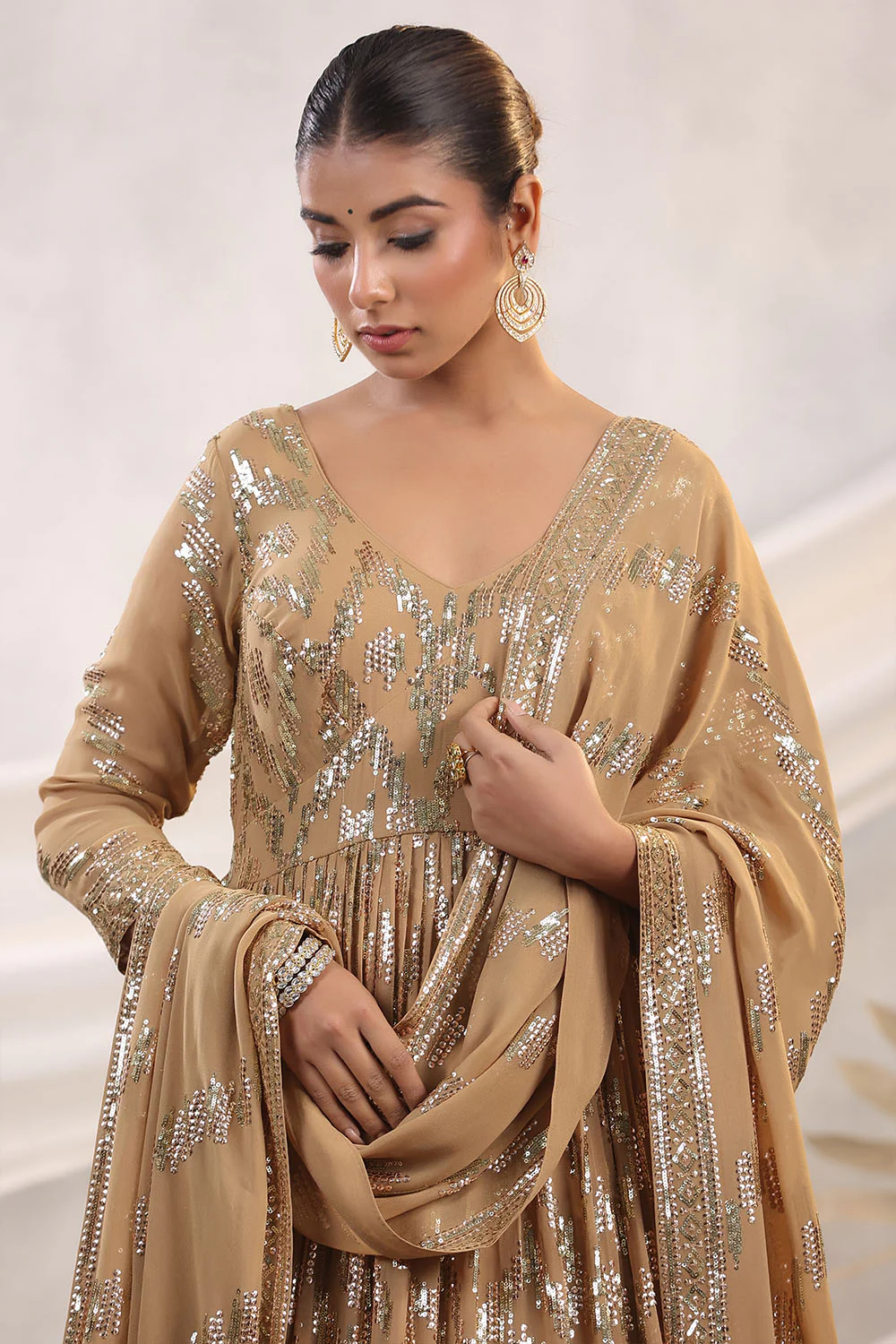 Fawn Color Georgette Sequins Embroidered Floor Length Anarkali Gown with Dupatta - Image 9