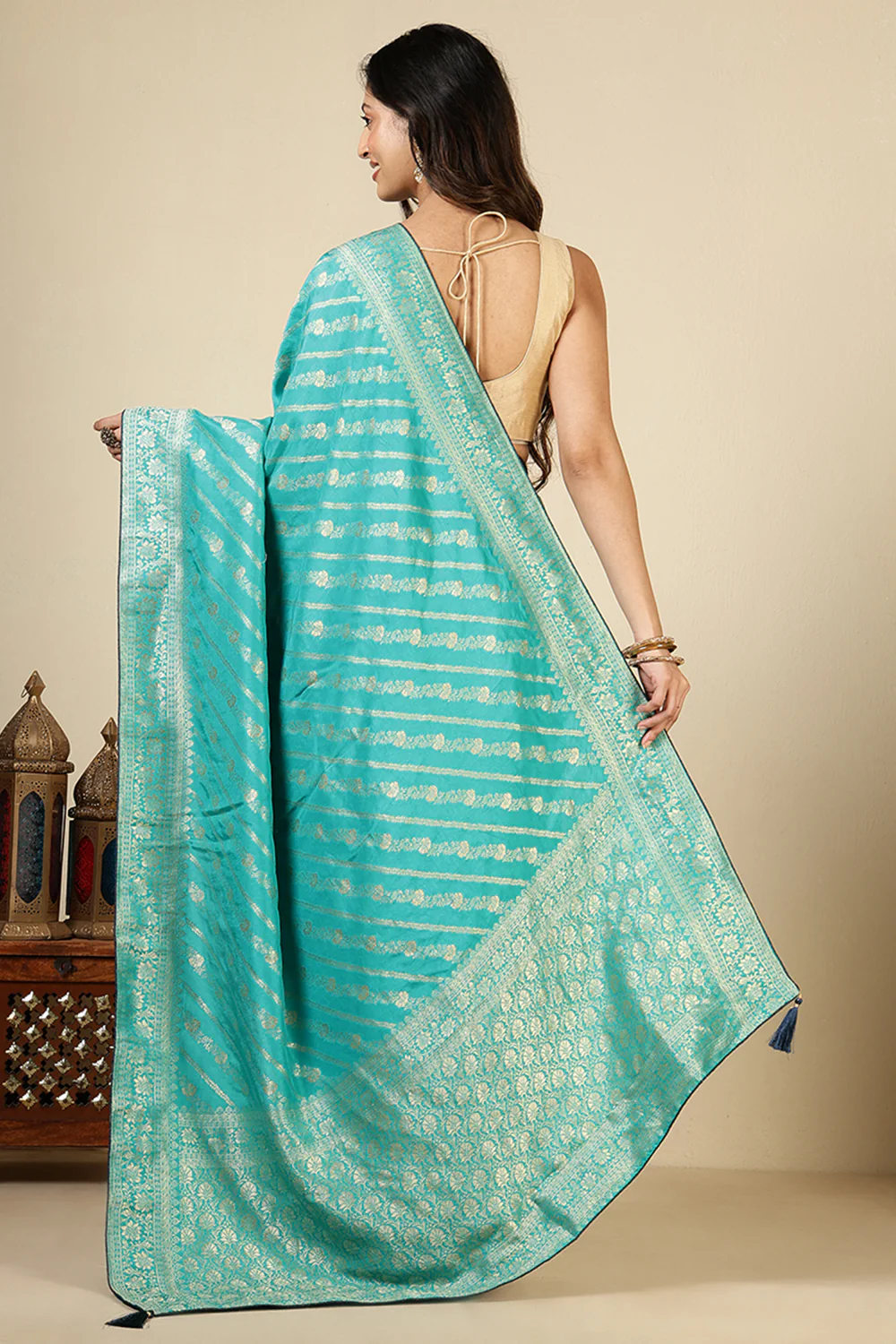 Firozi Color Banarasi Woven Tussar Silk Saree - Image 10