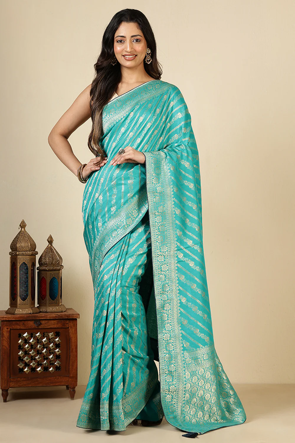 Firozi Color Banarasi Woven Tussar Silk Saree - Image 2
