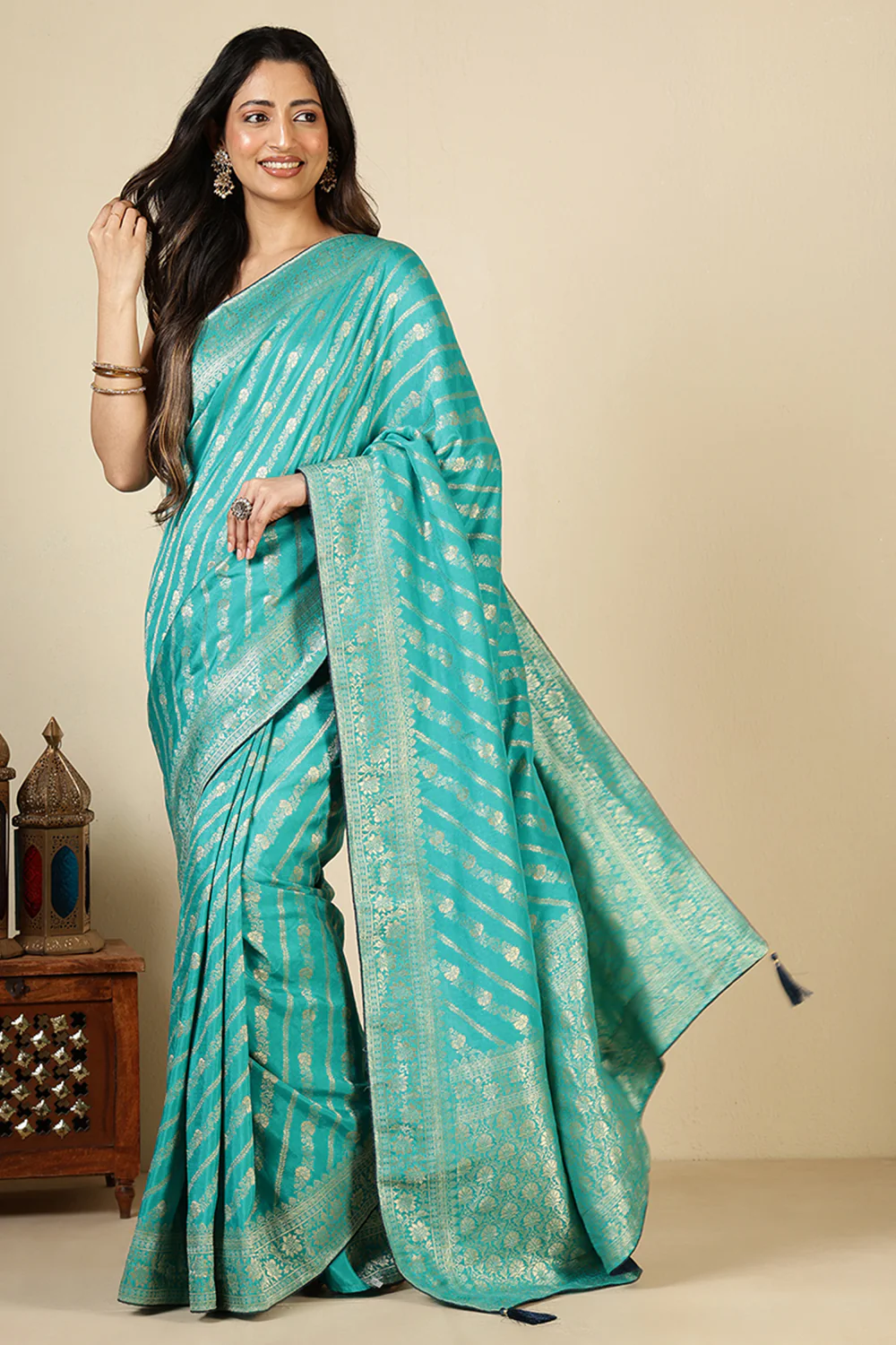 Firozi Color Banarasi Woven Tussar Silk Saree - Image 3
