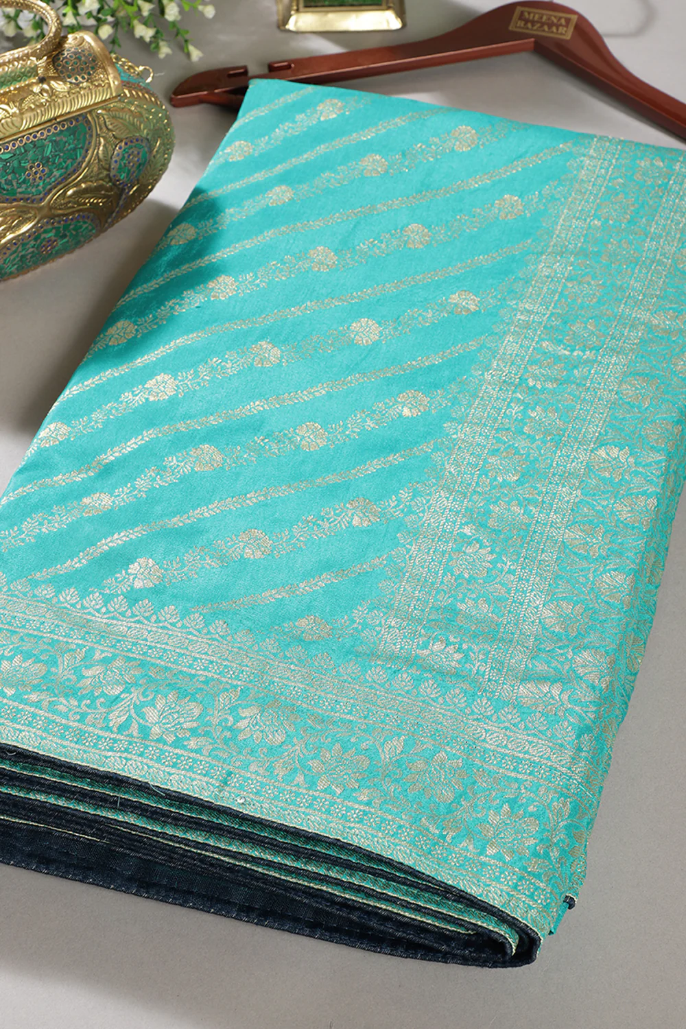 Firozi Color Banarasi Woven Tussar Silk Saree - Image 5