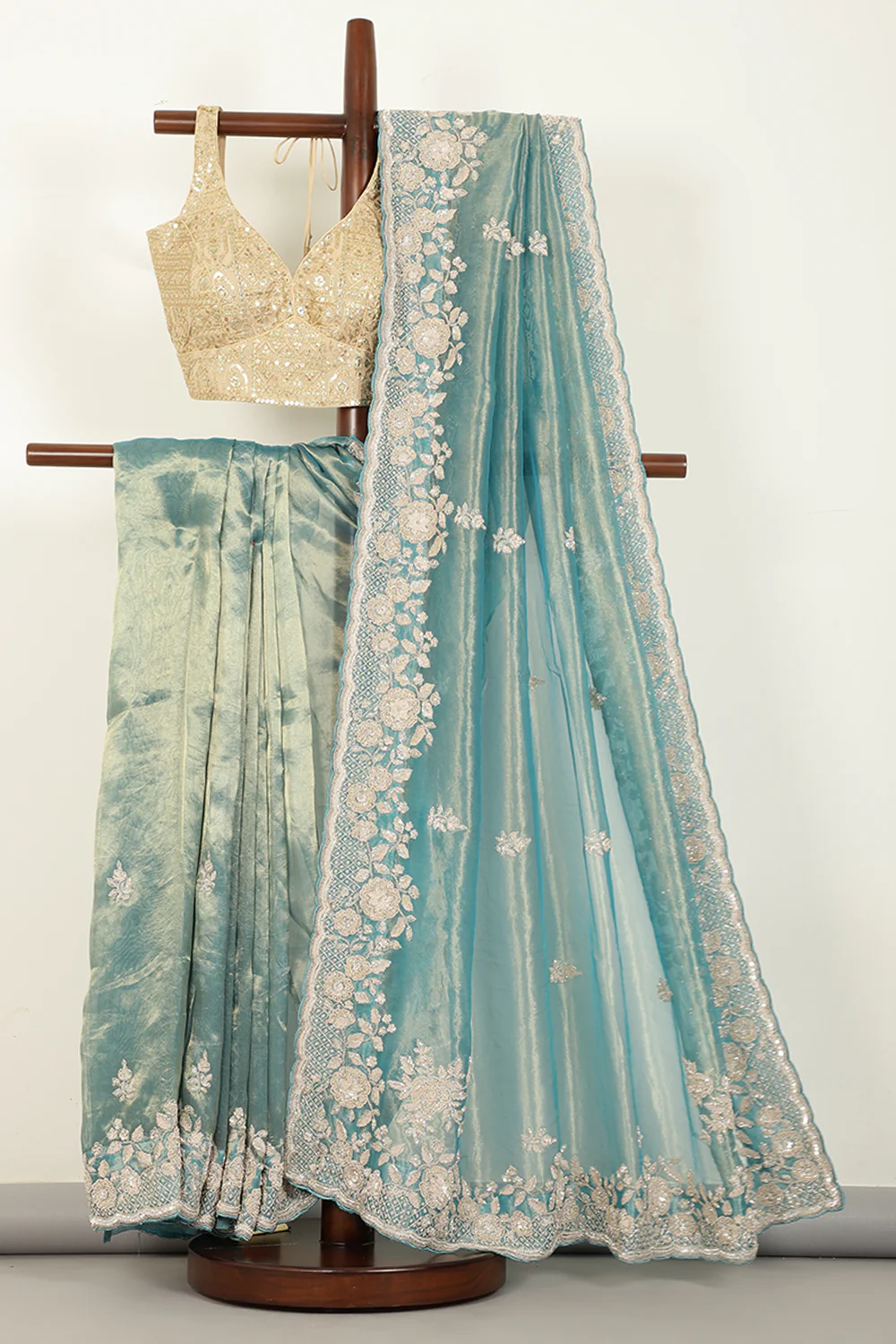 Firozi Color Pure Tissue Silk Saree with Pearl and Zardozi Handwork - Image 3