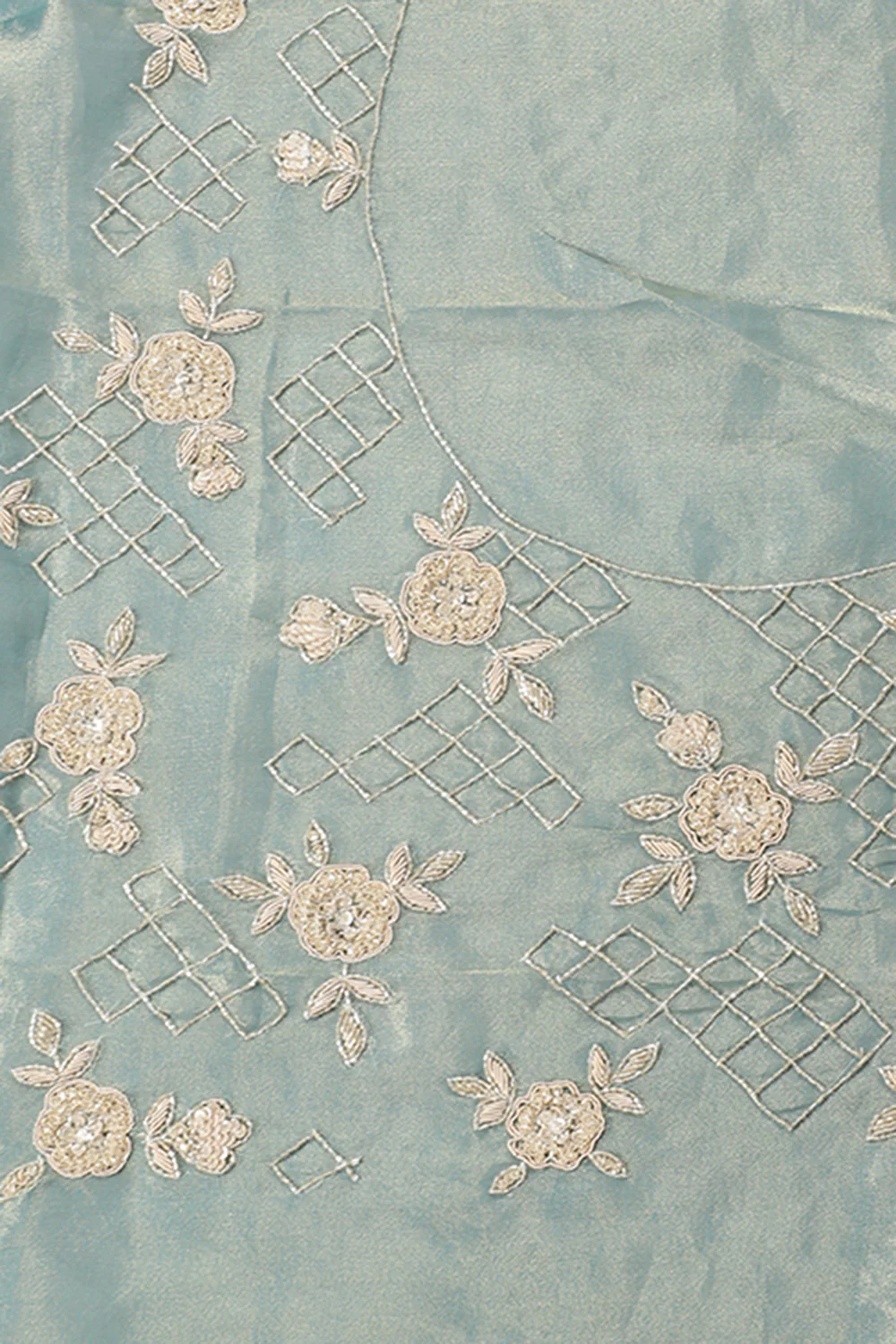 Firozi Color Pure Tissue Silk Saree with Pearl and Zardozi Handwork - Image 4