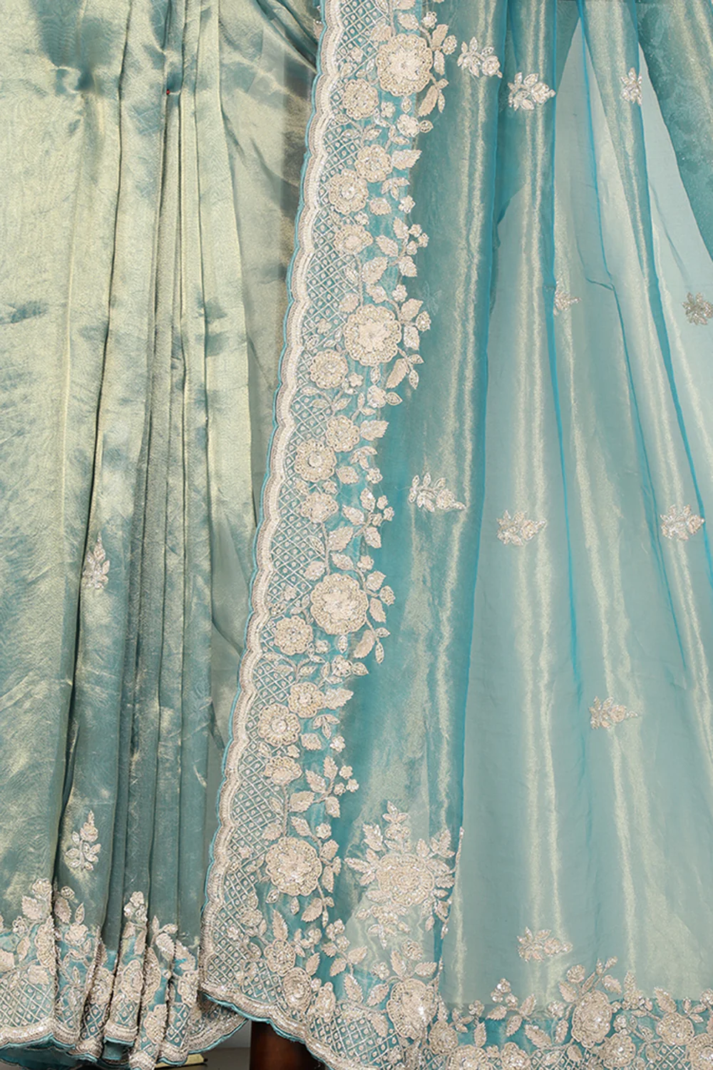 Firozi Color Pure Tissue Silk Saree with Pearl and Zardozi Handwork - Image 5