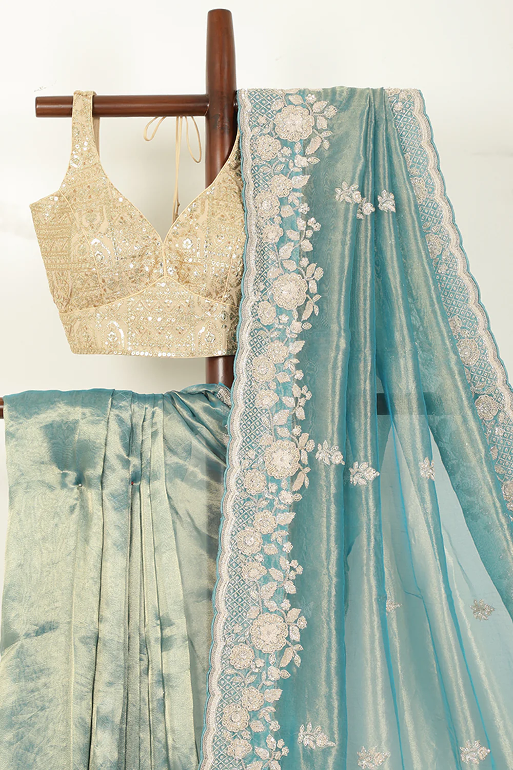 Firozi Color Pure Tissue Silk Saree with Pearl and Zardozi Handwork - Image 6