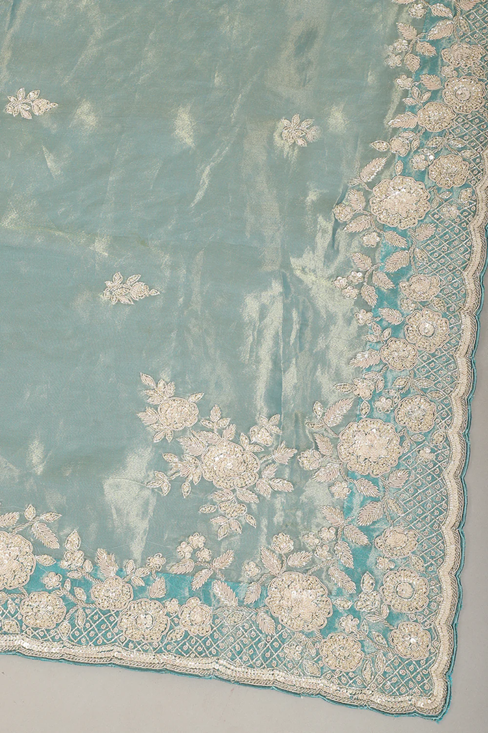 Firozi Color Pure Tissue Silk Saree with Pearl and Zardozi Handwork - Image 7