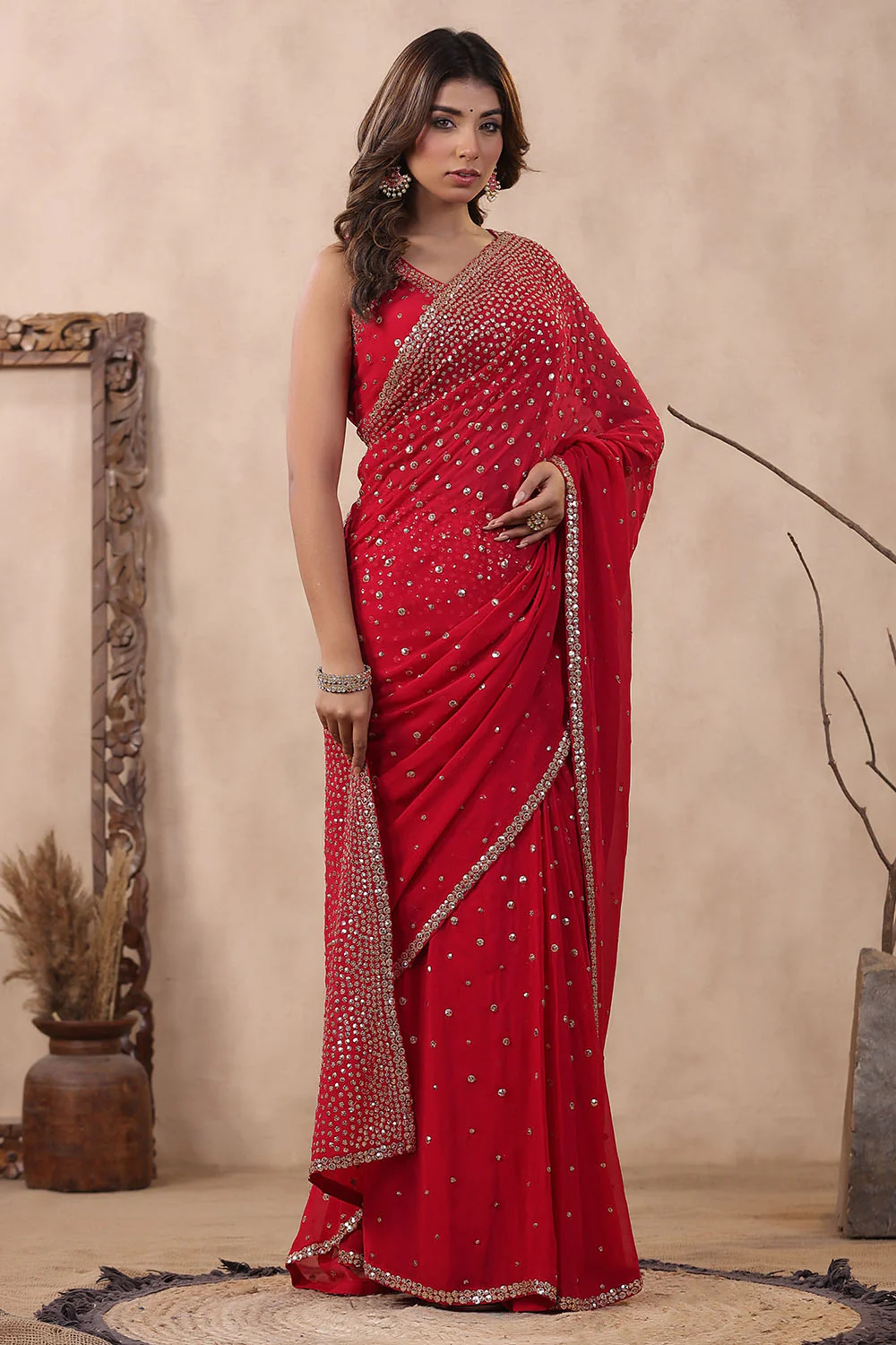 Fuchsia Pink Color Embroidered Georgette Saree With Readymade Blouse - Image 4