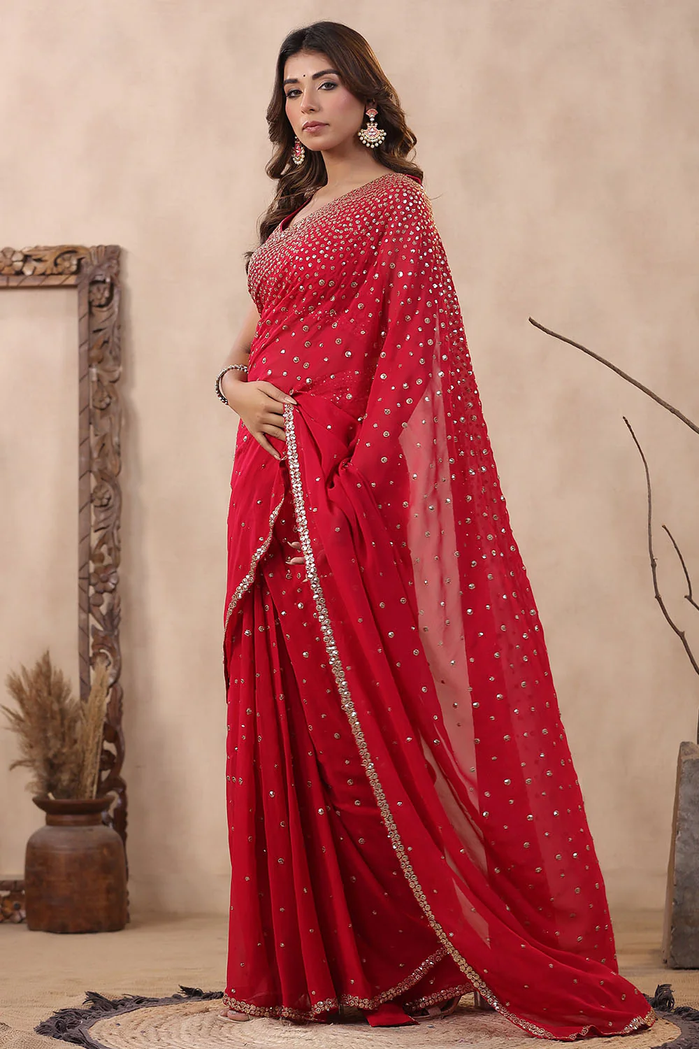 Fuchsia Pink Color Embroidered Georgette Saree With Readymade Blouse - Image 5