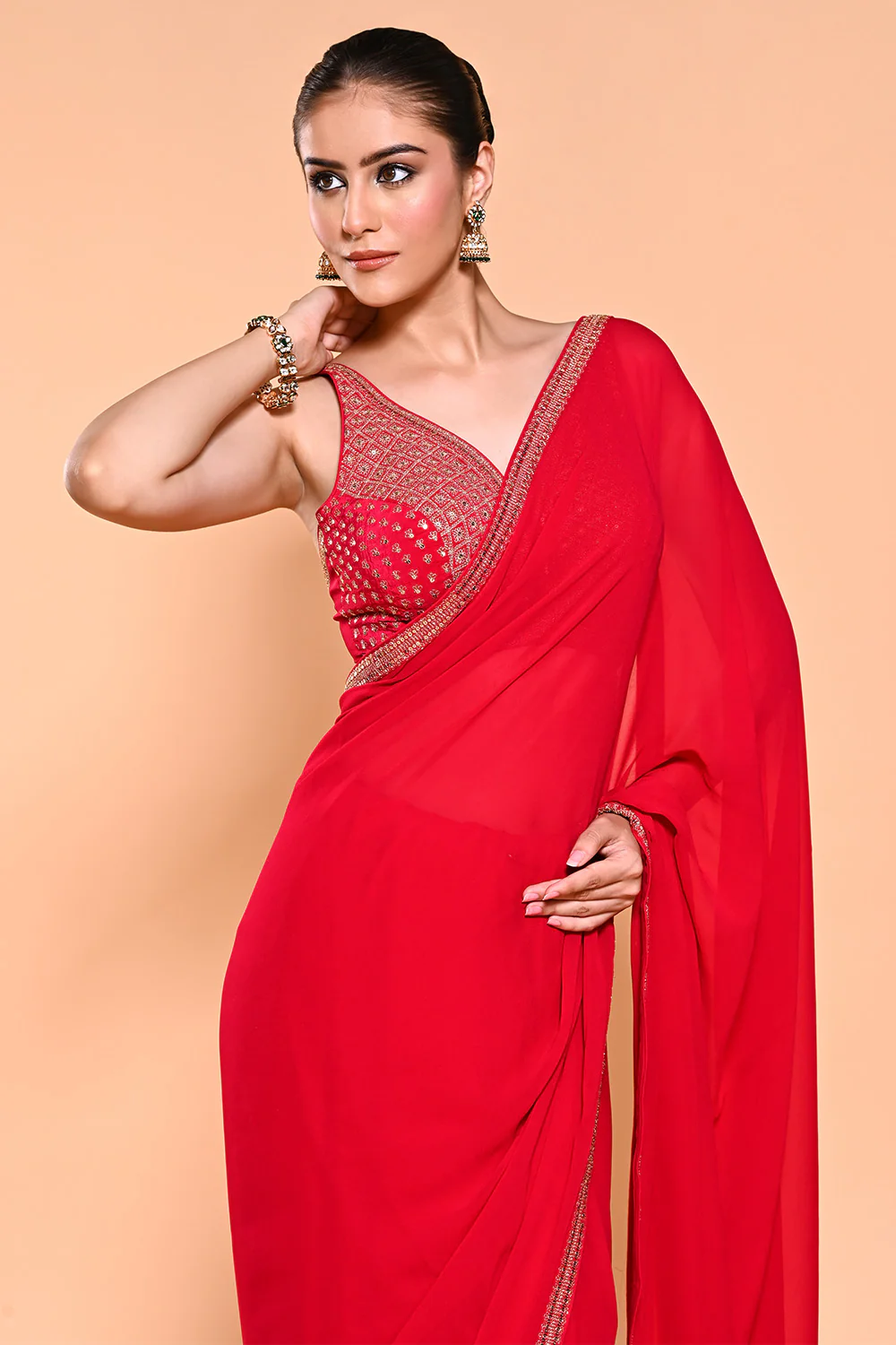 Red Color Georgette Saree With Readymade Blouse - Image 4