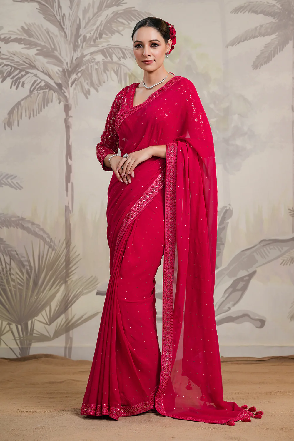 Fuchsia Pink Color Georgette Swarovski Work Saree - Image 3