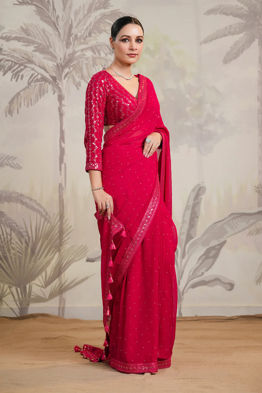 Fuchsia Pink Color Georgette Swarovski Work Saree - Image 4