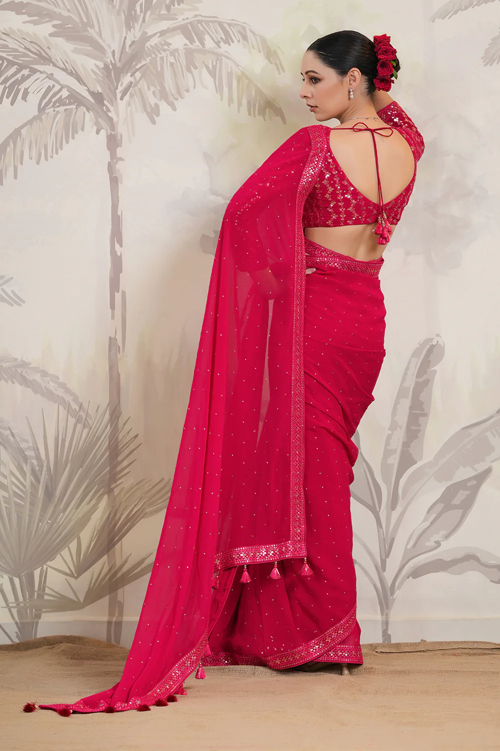 Fuchsia Pink Color Georgette Swarovski Work Saree - Image 5