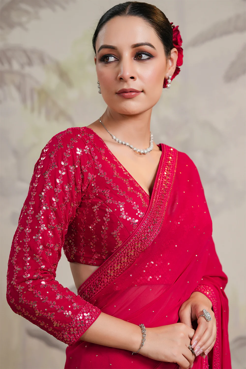 Fuchsia Pink Color Georgette Swarovski Work Saree - Image 6