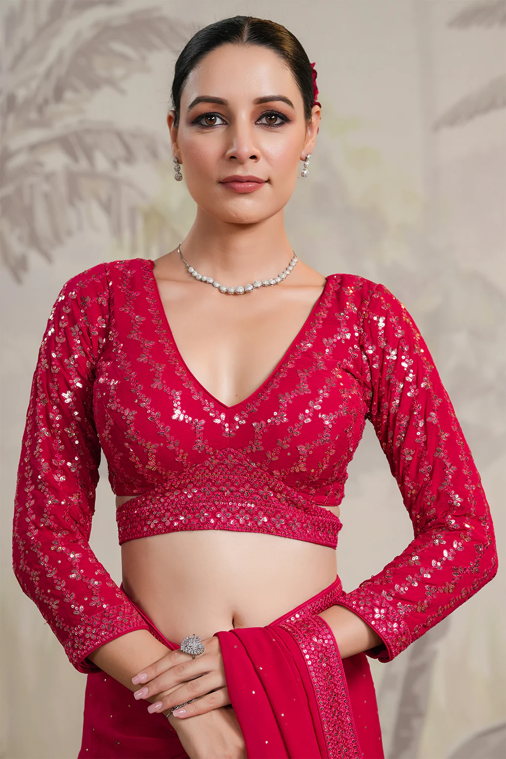 Fuchsia Pink Color Georgette Swarovski Work Saree - Image 7