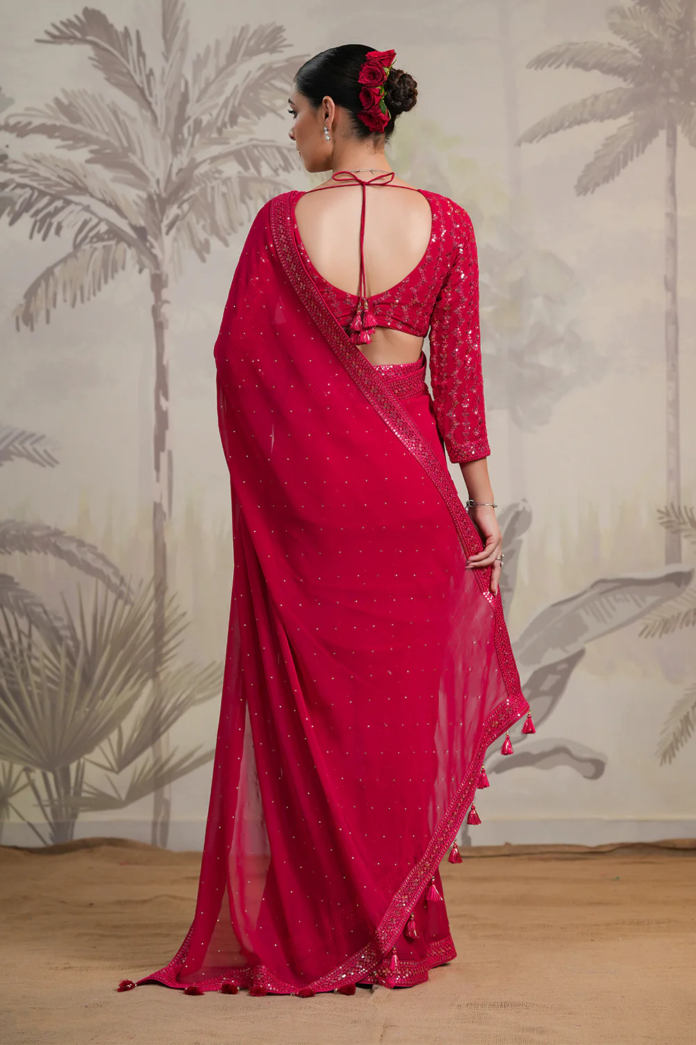 Fuchsia Pink Color Georgette Swarovski Work Saree - Image 8