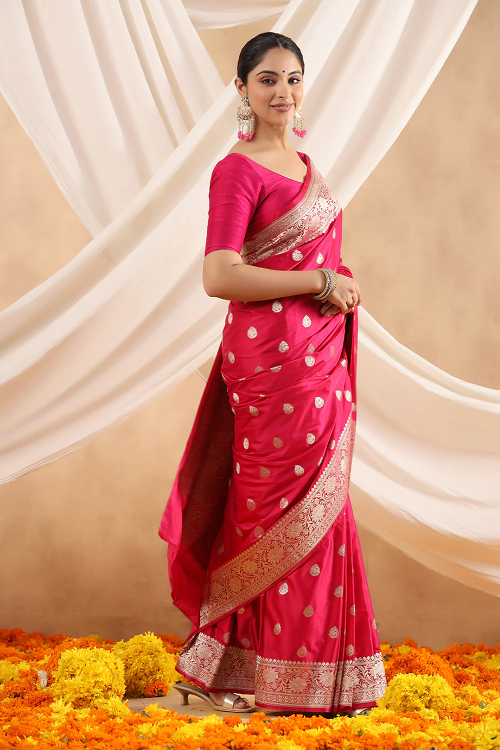 Fuchsia Pink Color Kosa Silk Saree - Image 5