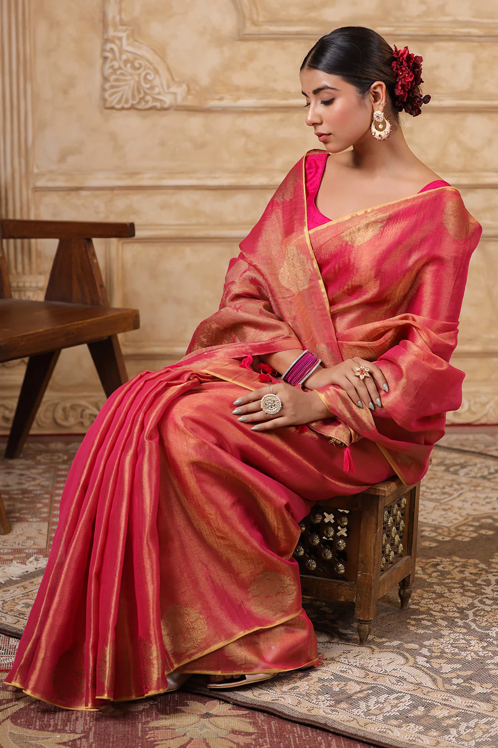 Fuchsia Pink Color Organza Cotton Golden Zari Woven Saree - Image 6