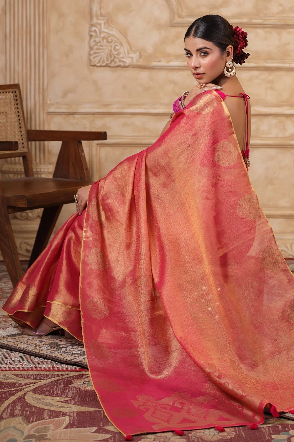 Fuchsia Pink Color Organza Cotton Golden Zari Woven Saree - Image 7