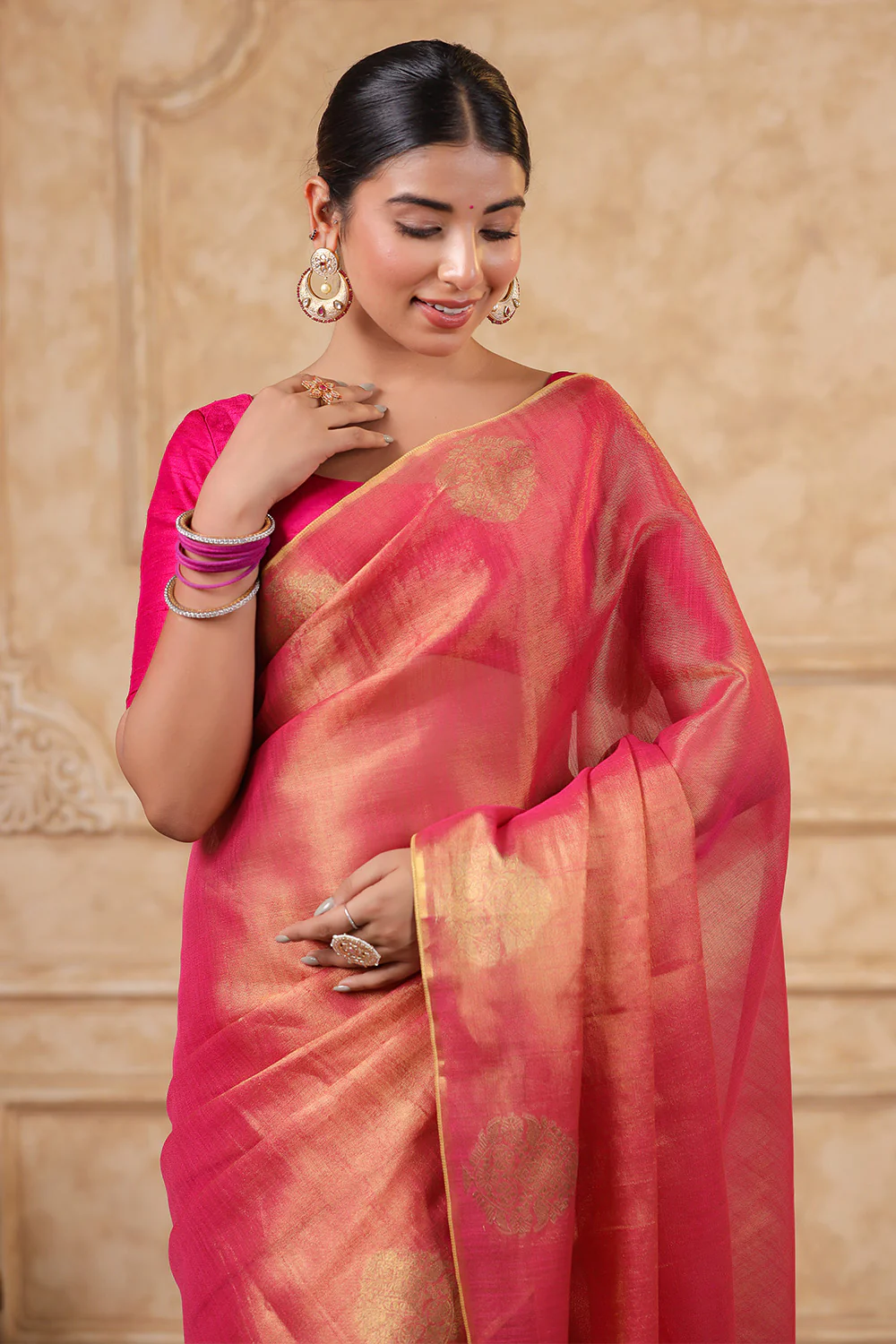 Fuchsia Pink Color Organza Cotton Golden Zari Woven Saree - Image 9