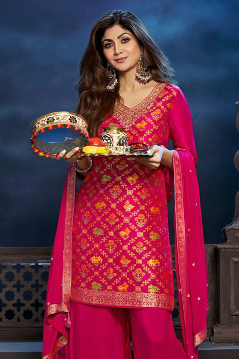 Fuchsia Pink Color Silk Embroidered Suit with Plazzo - Image 2