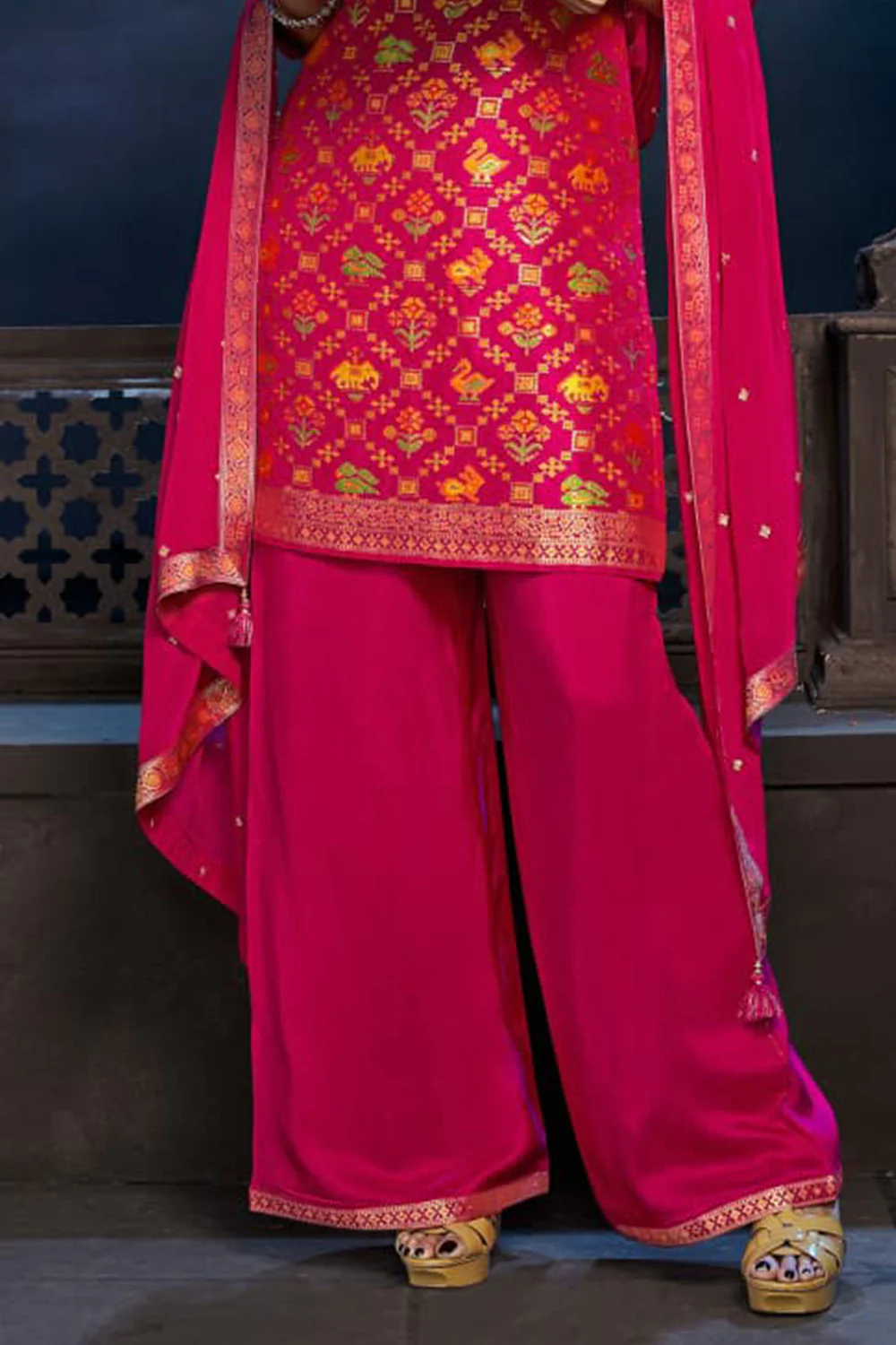 Fuchsia Pink Color Silk Embroidered Suit with Plazzo - Image 3