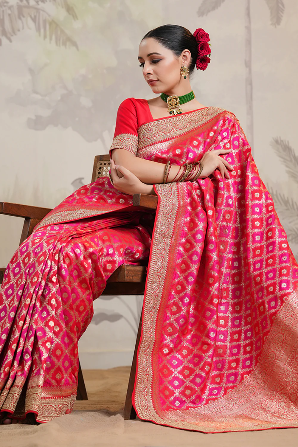 Fuchsia Pink Color Silk Woven Saree - Image 6