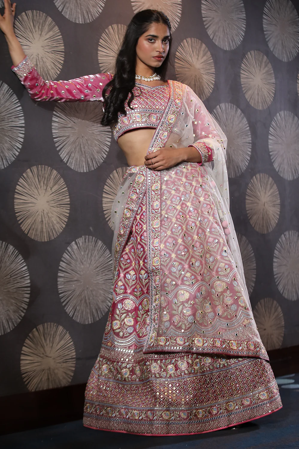 Fuchsia Pink Organza Embroidery Unstitched Lehenga - Image 3