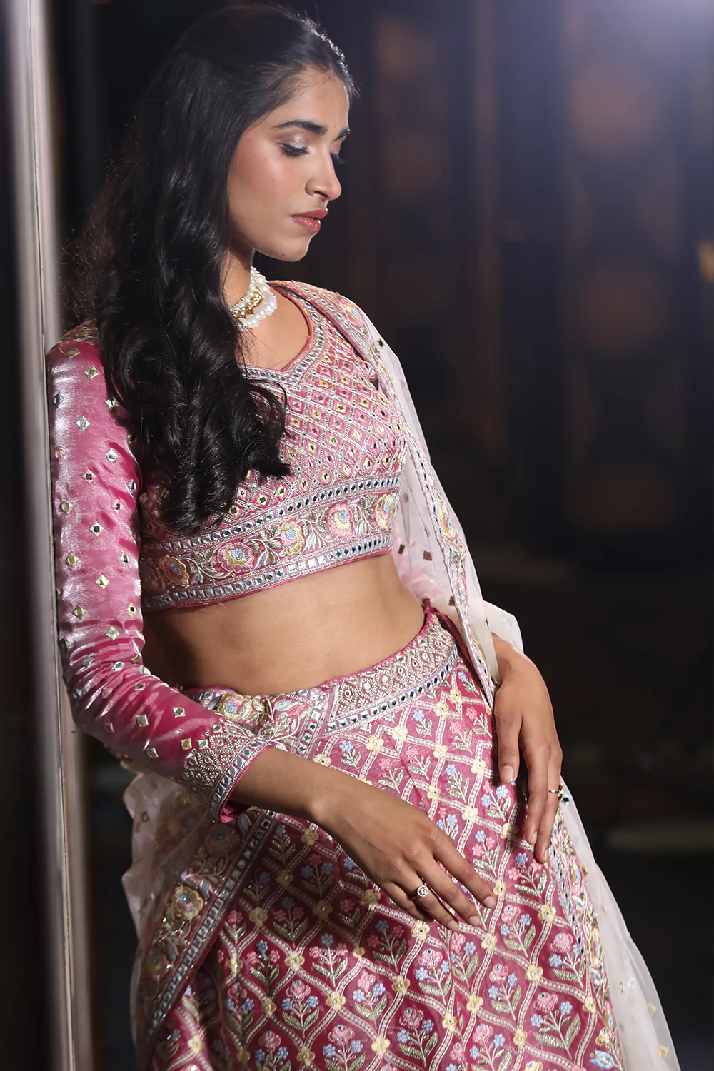 Fuchsia Pink Organza Embroidery Unstitched Lehenga - Image 4