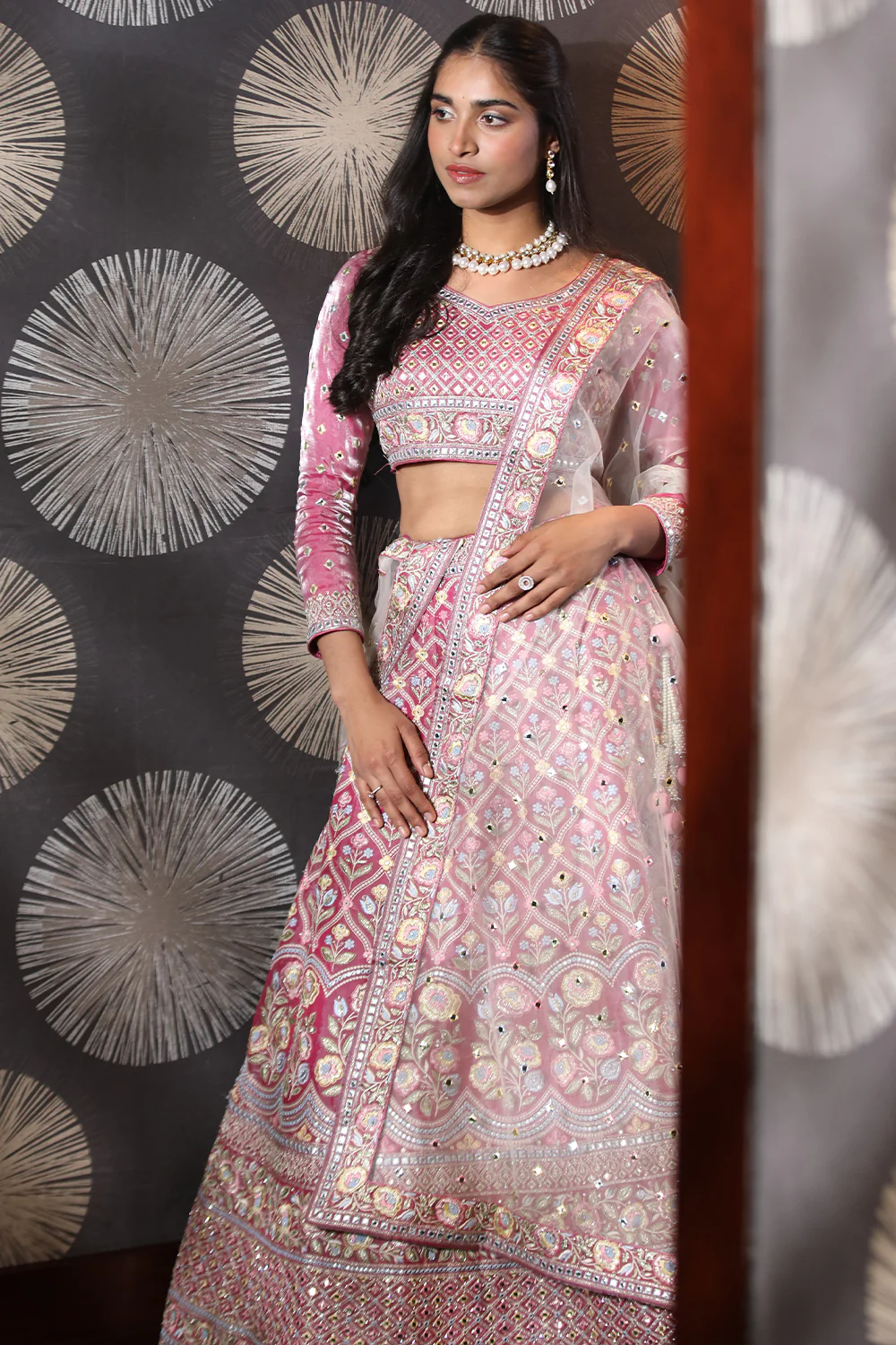 Fuchsia Pink Organza Embroidery Unstitched Lehenga - Image 5